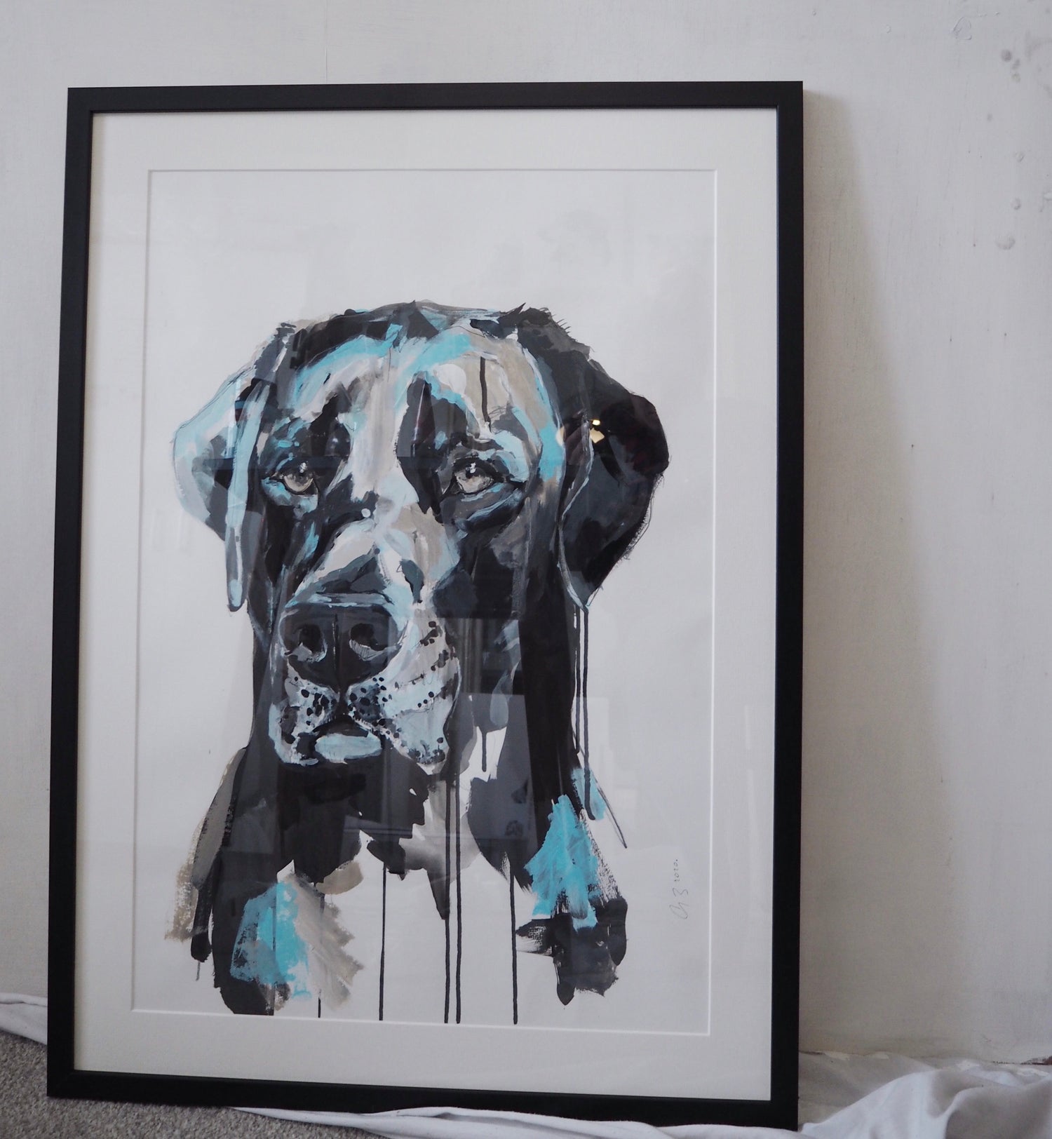 contemporary custom dog portrait, framed ready for delivery