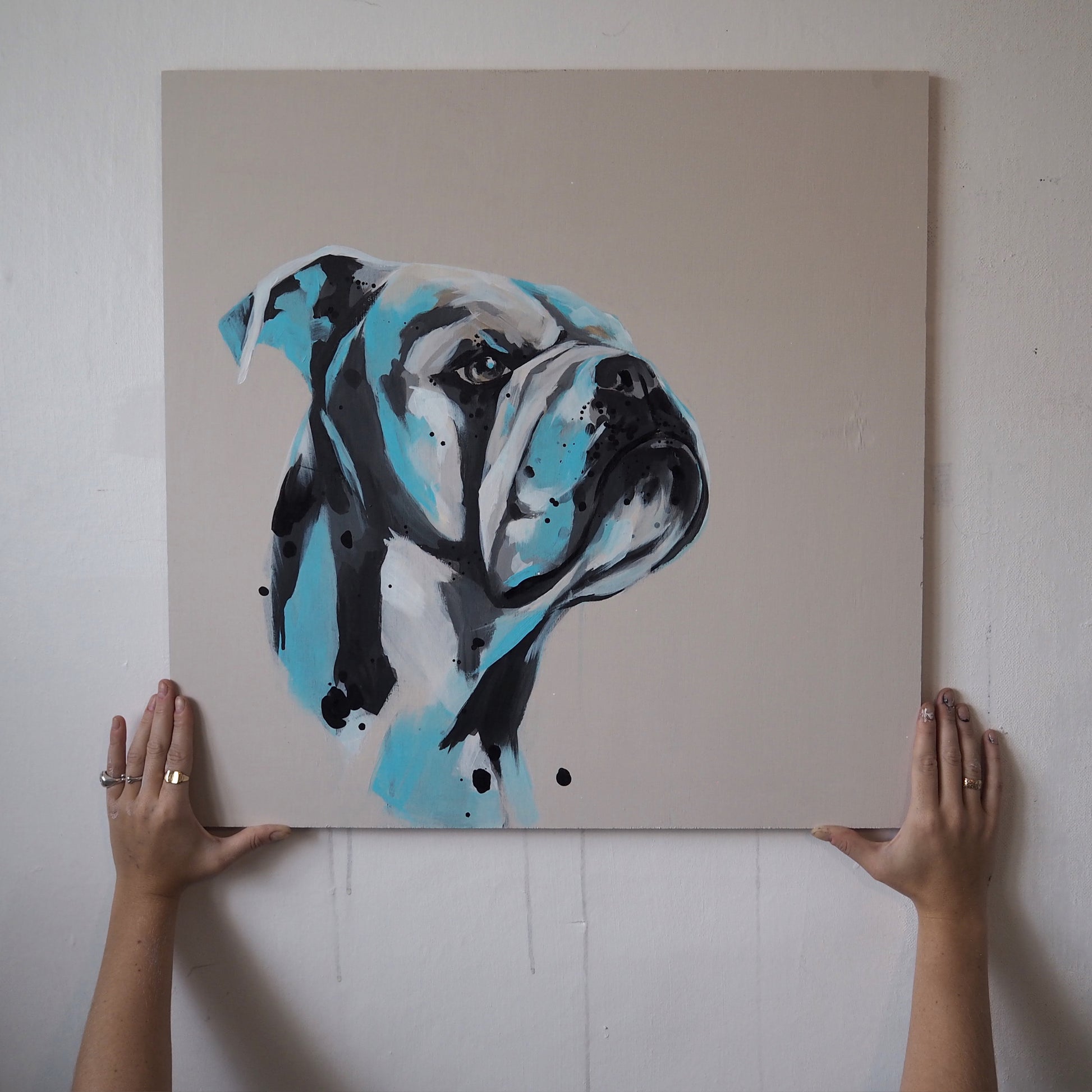 custom dog portrait of a bulldog in a subtle abstract colour palette 
