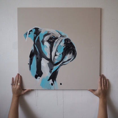 custom dog portrait of a bulldog in a subtle abstract colour palette 