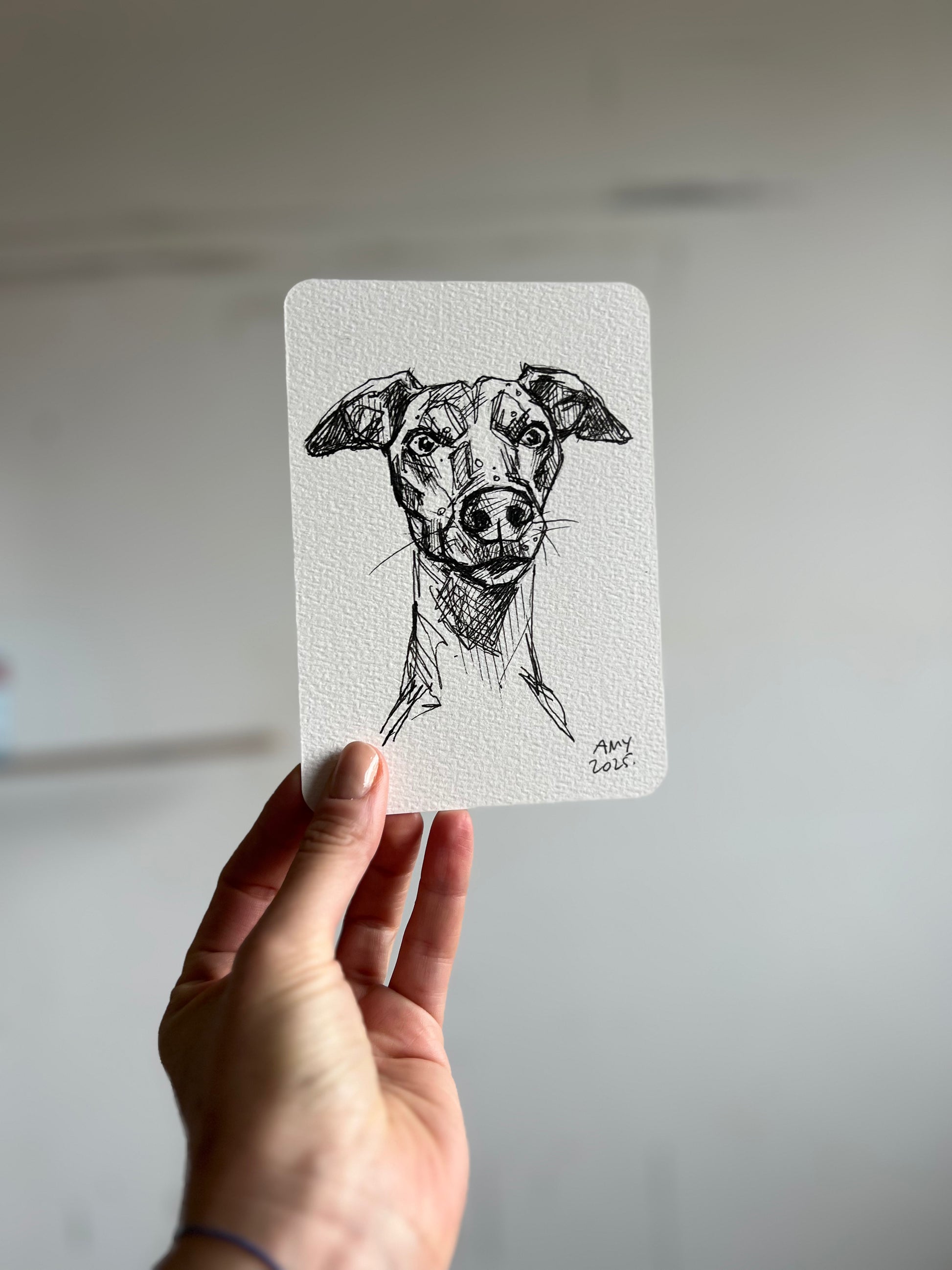 Hand holding a card with a black and white dog illustration against a plain background