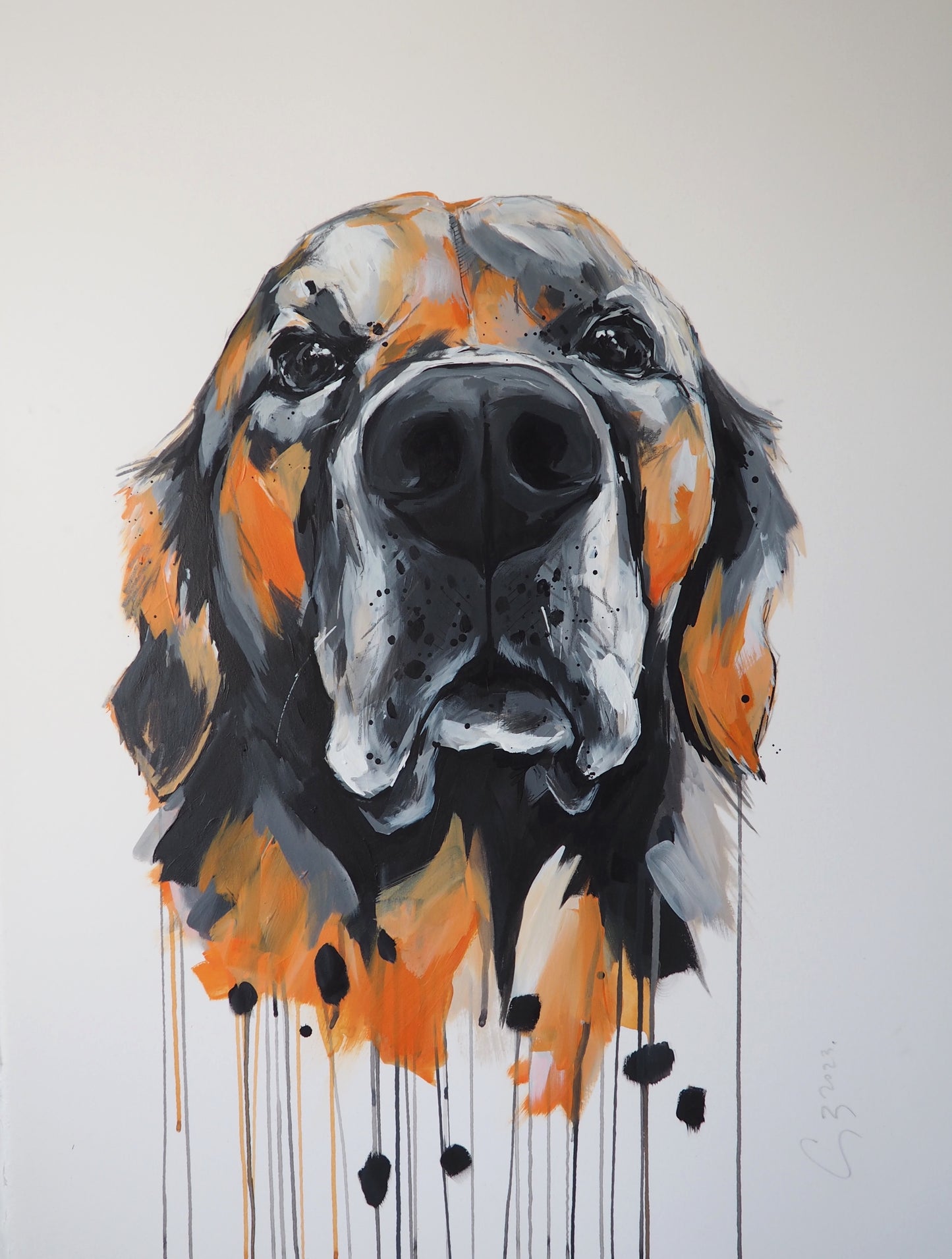 dog portrait painting of a golden retriever using orange colour palette